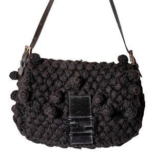 FENDI BLACK KNIT WOOL CROCHET BAGUETTE